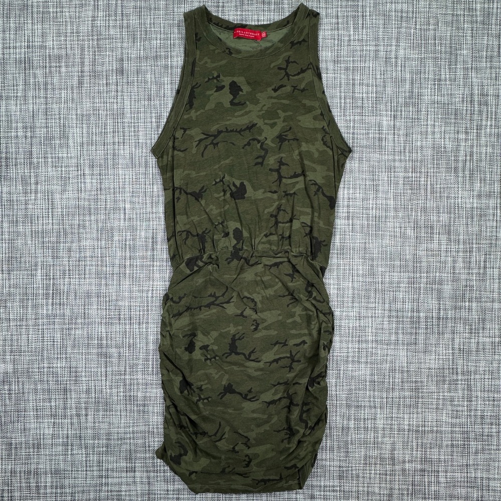 n:PHILANTHROPY Womens Medium Green Camo Ruched Cotton Mini Dress Made in USA